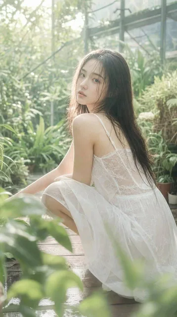 A dreamy greenhouse portrait with white and green cream tones, soft natural backlight streaming through glass windows, slight overexposure and hazy atmosphere, person surrounded by green plants with blurred foreground leaves, wearing white lace dress, backlit hair strands, low saturation and contras