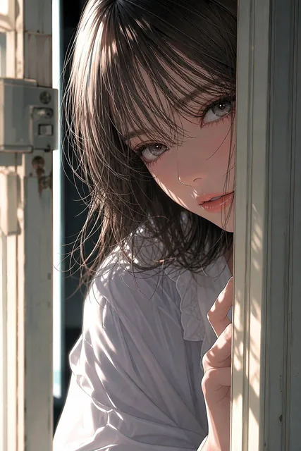 A vertical portrait illustration of an adult woman peeking through a narrow open door, contemporary Japanese fashion-anime style, intimate cinematic mood, soft lighting, calm expression.