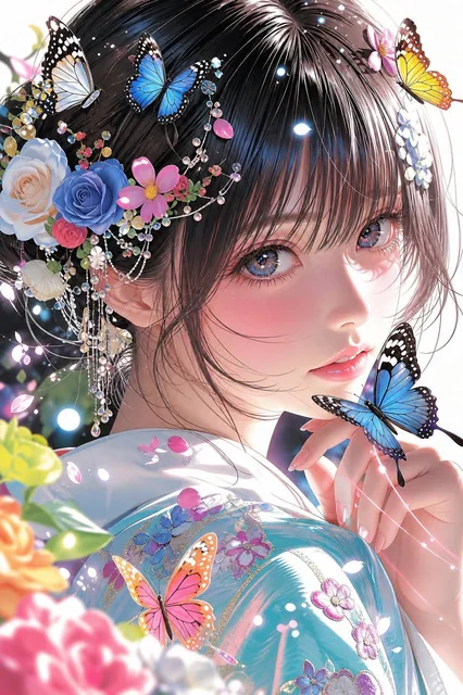 A vertical fashion-anime portrait of an adult woman in a light kimono-inspired robe with floral details, dark hair with glossy strands, butterflies and flowers around her hair, luminous eyes, soft lips, quiet side glance, close-up composition, bright daylight, pearl-like highlights, blue and pink ac