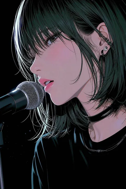 A vertical close-up illustration of an adult female singer with short dark green-black hair and sharp bangs, wearing a black top and thin choker, lips close to a silver microphone, cool rim light on hair, restrained pink skin tones, semi-realistic manga style.