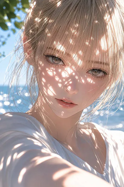 A vertical close-up portrait illustration of an adult woman with pale blonde hair and long fine bangs, standing under tree shadows near the sea, with soft but intense Japanese fashion-anime mood.