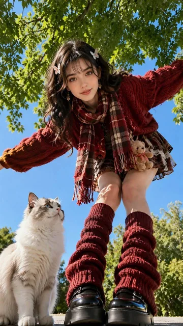 A hyper-realistic Korean street fashion portrait of a young East Asian woman with long wavy black hair, wearing a cherry-red knitted sweater and plaid scarf, posing with a fluffy ragdoll cat in a park under a blue sky, shot from an extreme low frog-angle perspective.