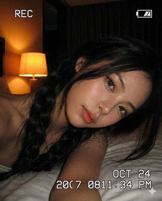 A hyper-realistic paused frame from a cheap late-2000s digital camcorder recording inside a dark bedroom at night. A young woman with soft facial proportions, sleepy alluring eyes, glossy lips, delicate nose, pale skin, and long dark braided hair leans close toward the camcorder while lying sideways