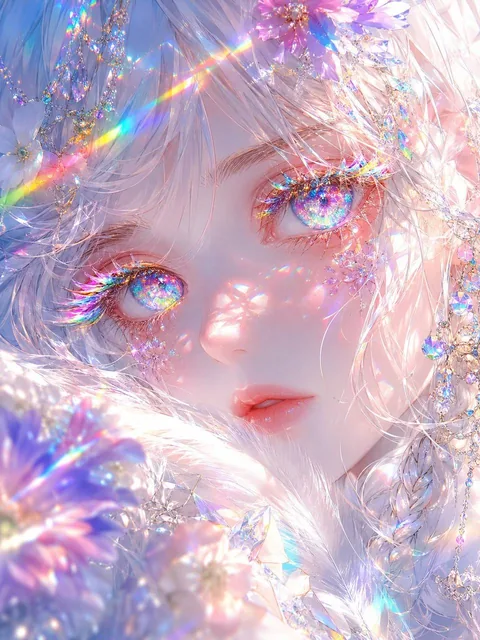 Close-up portrait of an ethereal anime girl with luminous, iridescent eyes and long, spectral rainbow eyelashes, featuring prismatic light effects and delicate jewelry against a so