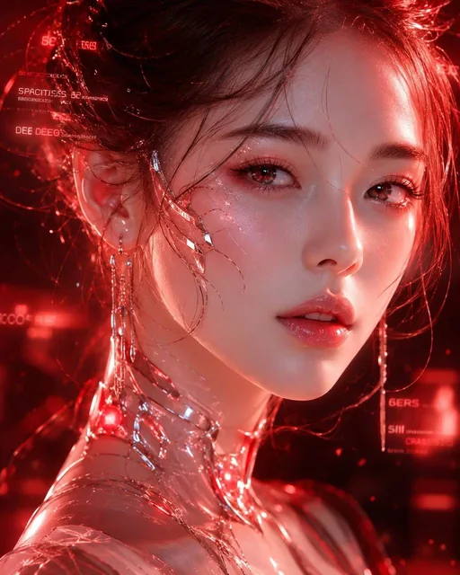 A hyper-realistic cinematic ultra-HD portrait of a futuristic female face with glass-smooth skin, glossy lips, diamond-like eye highlights, and wind-blown hair against a soft luxury studio background with holographic beauty particles.
