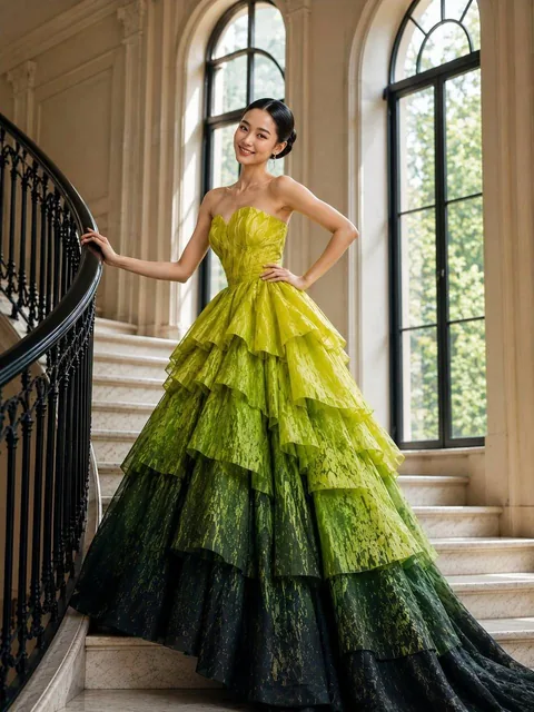 A photorealistic high-fashion editorial photo of a young Asian woman in a dramatic ombré chartreuse ballgown, laughing joyfully on an elegant interior staircase with natural daylight streaming through arched windows.