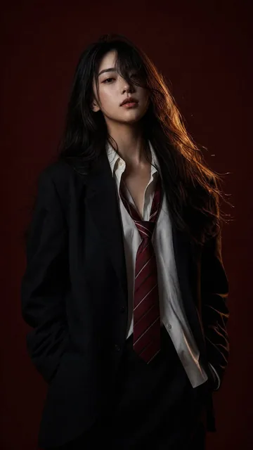 A young East Asian person with striking features and intense gaze, wearing oversized black blazer over white shirt with red diagonal-striped tie, studio portrait with dramatic red split lighting and deep shadows, cinematic editorial style.