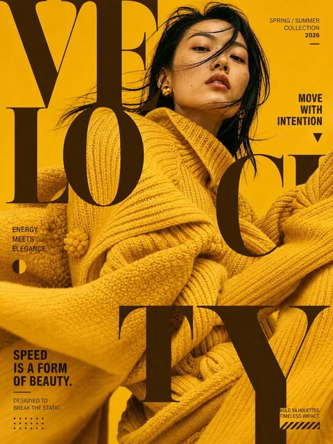 Modern fashion campaign poster featuring an extreme close-up of a model in a mustard-yellow knit outfit with sculptural textures and oversized sleeves, against a butter-yellow background with fragmented 'VELOCITY' typography.