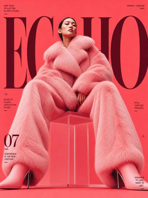 A fashion-forward editorial poster featuring an oversized close-up full-body model in a dramatic soft-pink faux-fur coat, seated on a transparent acrylic cube against a vivid coral-pink background, with massive deep burgundy serif typography reading 'ECHO' integrated around the silhouette.