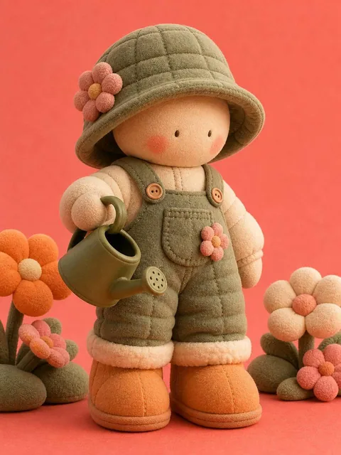 A stylized 3D plush character with a rounded stuffed-toy body, wearing oversized quilted felt overalls and puffy boots, holding a matte rubber watering can, surrounded by soft pillow-like flowers on a warm coral background.