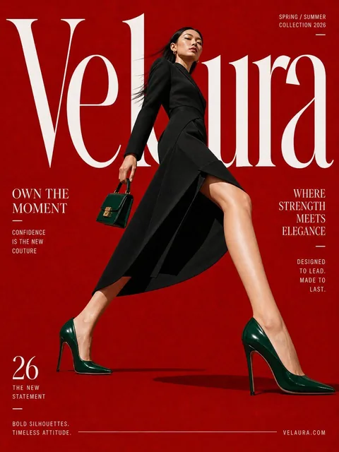 High-fashion editorial poster featuring a tall Asian woman in a dynamic low-angle stride, wearing a structured black dress and glossy deep emerald heels, holding a small luxury handbag, set in a surreal geometric space with a solid saturated red background and layered typography.