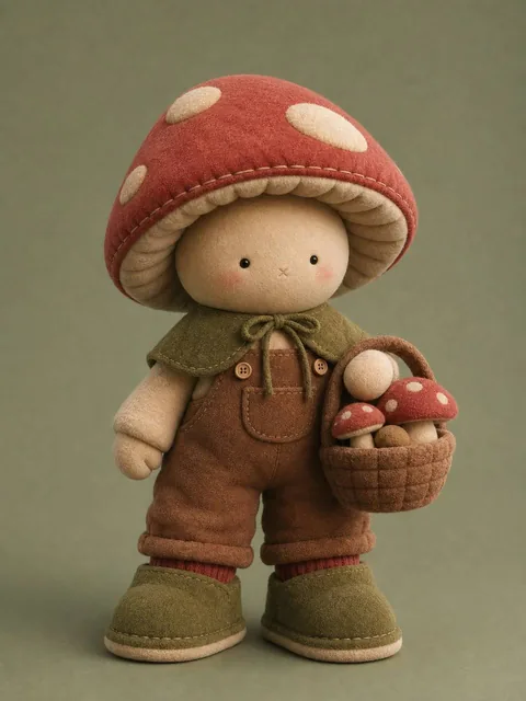 A stylized 3D plush character with soft rounded proportions, short body and oversized legs, wearing a large felt mushroom hat with visible stitching, tiny dot eyes, holding a basket of stylized mushrooms, set against a warm gray-green background.