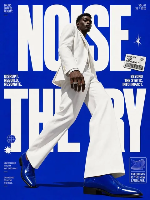 High-fashion editorial poster featuring a tall Black male model in a dynamic forward step, wearing a sharp tailored white suit and glossy cobalt shoes against a clean saturated electric blue background with subtle fine grain texture. Oversized expressive typography reads 'NOISE THEORY' with layered