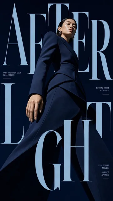 High-fashion editorial poster featuring a dramatically enlarged model in sculptural midnight-blue tailoring, illuminated by a cinematic spotlight against a deep navy background, with oversized icy-blue serif typography reading 'AFTERLIGHT'.