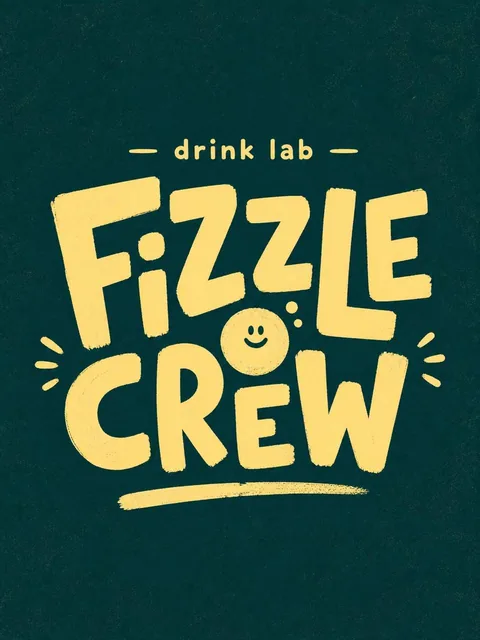 A playful handcrafted logo design featuring a small circular abstract character with tiny offset eyes and a cheerful expression, integrated near bold hand-drawn typography spelling 'FIZZLE CREW' with a minimal subtitle 'drink lab' above, on a deep teal background with pale yellow flat colors, visibl
