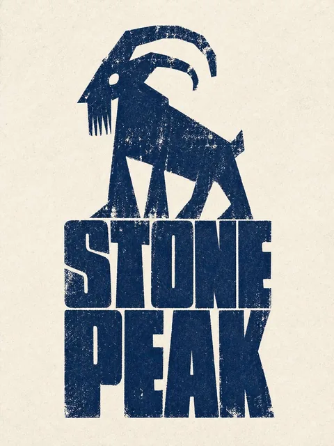 A bold stamp-style logo design featuring solid heavy block typography spelling 'STONE PEAK' with full thick letters, no gaps, compact and tightly packed, slightly irregular edges, rough ink print texture, distressed press effect, strong geometric forms. Above the text, a highly abstract distorted si