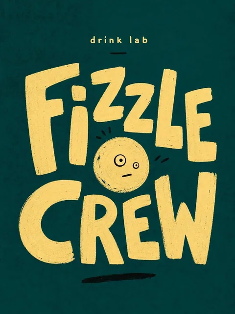 A playful handcrafted logo design featuring a small circular abstract character with misplaced eyes and awkward expression, bold hand-drawn typography spelling 'FIZZLE CREW' with irregular letters, and a small subtitle 'drink lab' in minimal font, set on a deep teal background with pale yellow and b