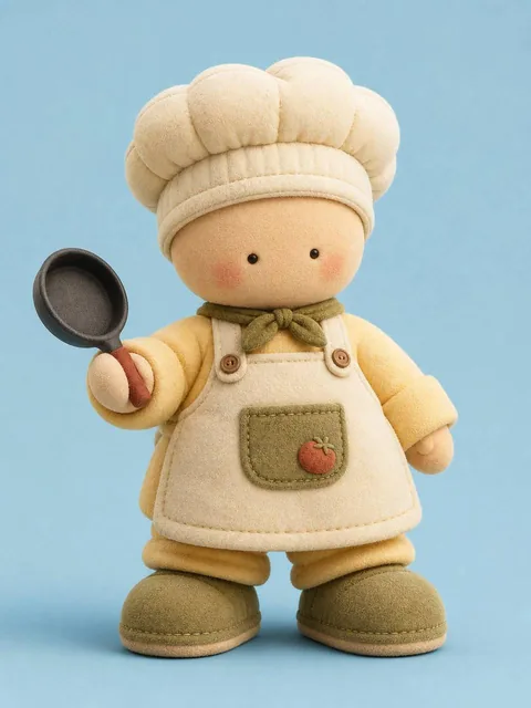 A stylized 3D plush chef character with a rounded body, short limbs, oversized head, tiny dot eyes, wearing a puffy chef hat and oversized apron, holding a pan, with soft felt and fleece textures in warm butter yellow, soft cream, muted olive, and light peach tones on a pastel blue background.