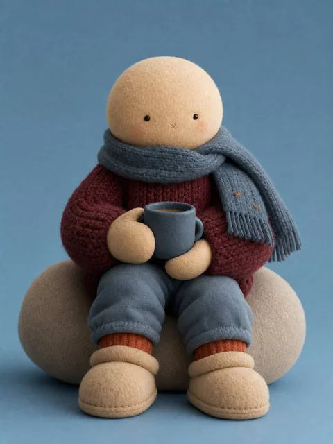 A stylized 3D character with an inflated soft body and oversized hands, sitting on a soft blob-like cushion. The character has a perfectly round plush head, tiny dot eyes, minimal stitched facial features, wearing a thick knitted sweater with visible wool texture and fuzzy fibers, a large scarf wrap