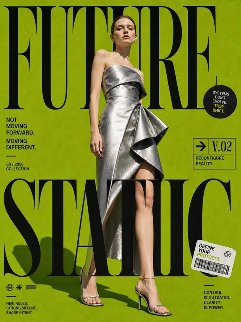 A high-fashion editorial poster featuring a European woman in a strong static pose, wearing a sculptural silver dress and minimal heels, against a rich saturated lime green background with soft texture. Large elegant deep black typography reads 'FUTURE STATIC' with secondary words in contrasting lay