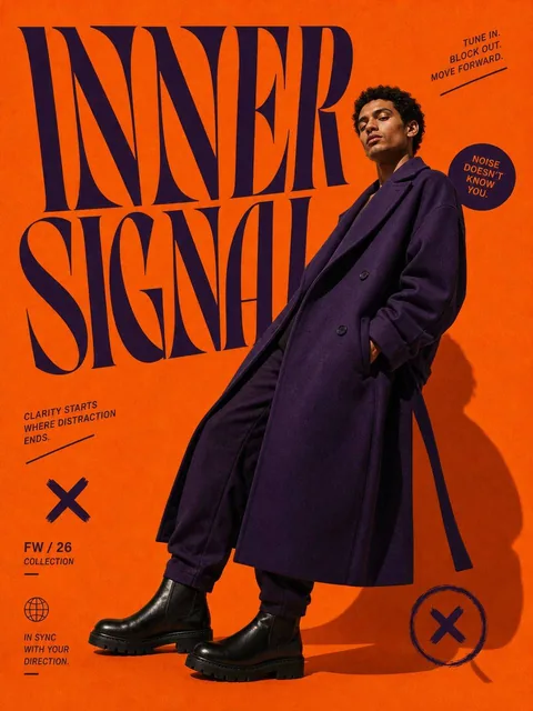 A high-fashion editorial poster featuring a mixed-race male model in a relaxed leaning pose, wearing an oversized deep purple coat and black boots, set against a saturated orange background with subtle grain texture, bold dark violet typography reading INNER SIGNAL, with minimal sticker accents.
