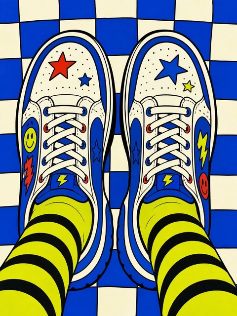 A bold flat illustration with strong black outlines showing a top-down close-up of two feet wearing chunky platform sneakers and striped neon yellow socks, symmetrically placed on a repeating checker pattern background, with cartoon icons like stars and lightning bolts.