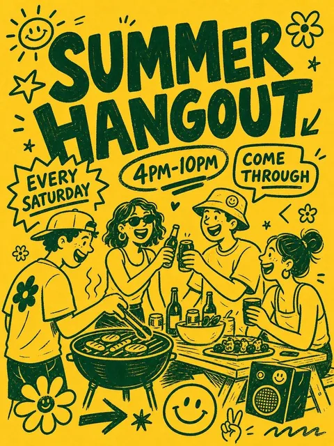 A playful hand-drawn poster in bold graphic line-art style with thick uneven outlines and flat minimal colors. Bright yellow background with dark green ink. Naive doodle illustration of 3-4 people grilling, passing drinks, and laughing around a picnic table. Organic chaotic composition with bold irr