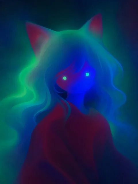 Flat stylized illustration of a fox-eared girl with glowing eyes, created from seamless, flowing gradients of deep emerald green, electric cobalt blue, and dark burgundy.