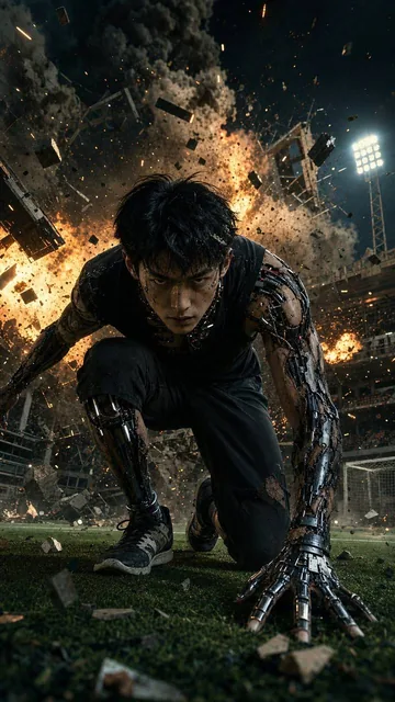 A human-cyborg hybrid crouches aggressively on an outdoor sports field at night, mechanical elements integrated into its body, with debris and destruction erupting behind it. Harsh mixed lighting from explosions and stadium lights creates strong contrast, sparks and smoke dynamically illuminated. Lo