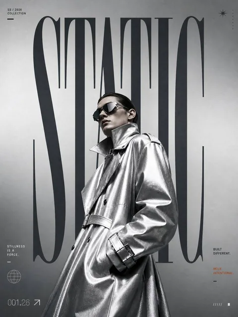 Editorial fashion poster with a model in a shiny silver trench coat and geometric sunglasses, standing against a metallic gray background with 'STATIC' text.
