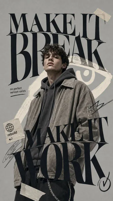 A full-body fashion shot framed as a close-up from mid-thigh up, neutral pose, muted outfit, solid grey background. Minimal scribbles with a large graphic element behind and partially overlapping the figure. Bold oversized typography 'MAKE IT BREAK / MAKE IT WORK' crossing the upper body, and 'no pe