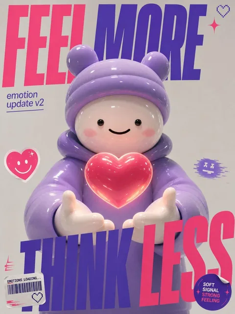 A 3D soft toy-like character with glossy texture and an uncanny smile, holding a floating heart-shaped object in front of its body, on a clean minimal background. Large overlapping typography reads 'FEEL MORE / THINK LESS' in split layout, with smaller caption 'emotion update v2'. Sticker elements l