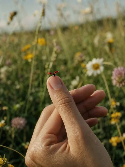 A close-up photorealistic shot of a human hand gently raised above a wildflower meadow, with a small ladybug perched on a fingertip, wings slightly open. Soft natural sunlight, warm muted tones, shallow depth of field, blurred floral background.