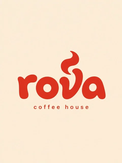 A modern minimal logo design featuring custom playful typography spelling 'rova' in bold rounded red letterforms with slight irregularity, one letter transformed into an abstract swirl resembling rising steam, centered composition with 'coffee house' in clean sans-serif below, warm beige background,