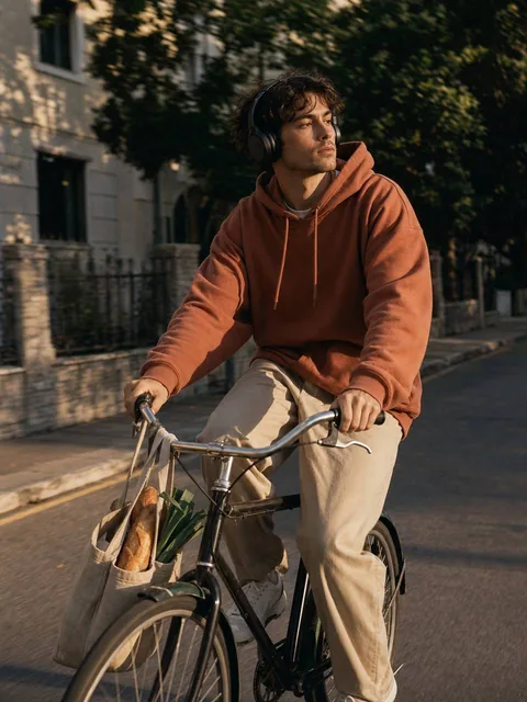 A cinematic lifestyle editorial photo of a man riding a bicycle through a quiet street during golden hour, wearing sand-colored trousers, terracotta hoodie, white sneakers, and matte black headphones, with a linen tote bag on the handlebar, warm side lighting, motion-blurred background, sharp subjec