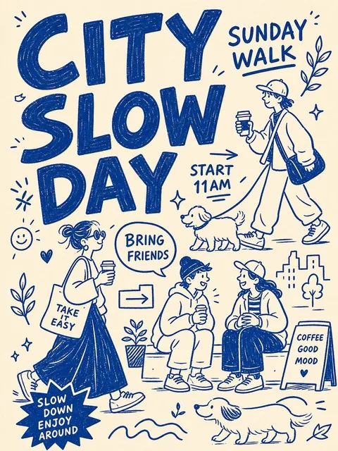 A playful hand-drawn poster on a cream background with bold blue ink illustrations, featuring doodle characters walking dogs, drinking coffee, and chatting on the street, with hand-drawn typography reading 'CITY SLOW DAY', 'SUNDAY WALK', 'START 11AM', 'BRING FRIENDS', and scattered sticker-like icon