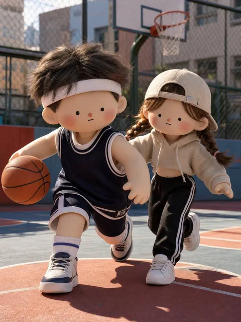 Two 3D stylized collectible dolls playing basketball on a realistic outdoor court. One doll wears an oversized jersey and headband, the other a cropped hoodie and braided pigtails. Strong sunlight and urban background.