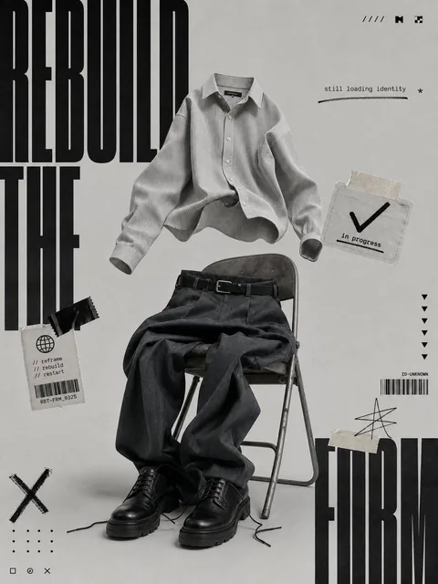 Conceptual fashion poster with a chair and slightly floating clothing pieces on a solid light grey background, featuring bold condensed typography partially cut off, small casual text, and stickers like checkmarks, crosses, tape strips, and abstract symbols in a minimal palette.