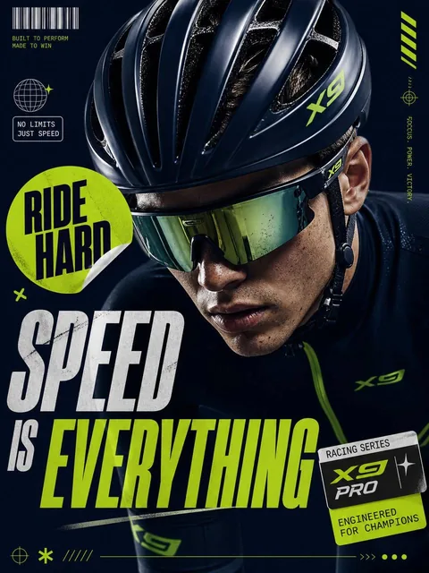 Close-up portrait of a male cyclist wearing a helmet and reflective glasses against a solid deep navy background. The color palette includes navy, silver, and lime green with glossy highlights. Clean aggressive sports branding with a bold floating sticker 'RIDE HARD' and additional text 'SPEED IS EV
