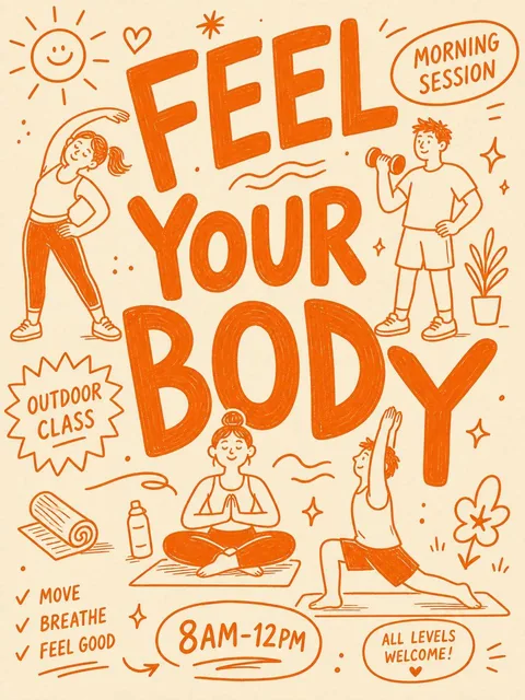 A playful hand-drawn poster with warm beige background, bright orange line art doodle characters stretching and doing yoga, bold irregular typography reading 'FEEL YOUR BODY', decorative stickers of sun and sparkles, fresh uplifting atmosphere.