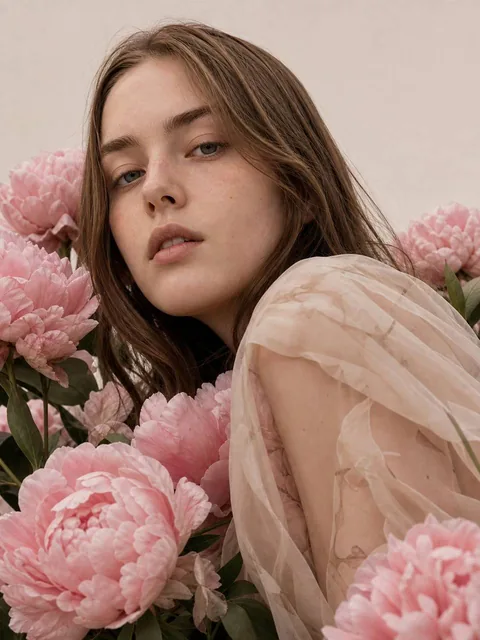 High-fashion editorial close-up portrait of a natural-looking woman with light brown hair and no makeup, surrounded by large soft pink peonies in bloom, wearing a flowing delicate fabric dress against a clean warm neutral sky background.
