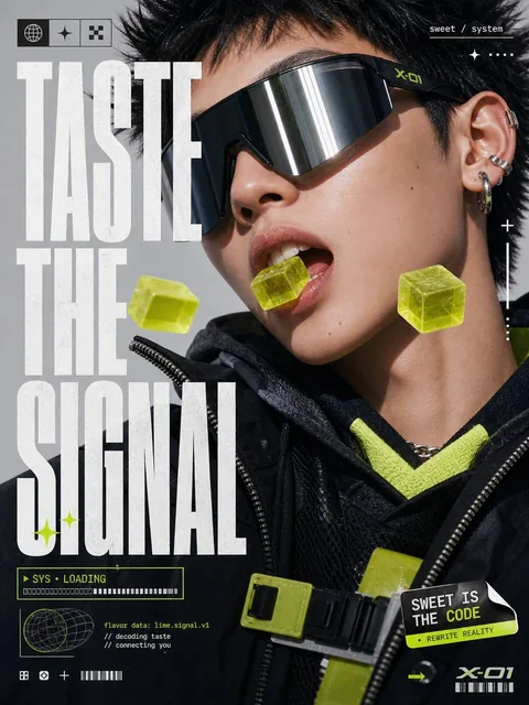 A close-up fashion editorial shot of a character biting a translucent candy cube, wearing reflective visor glasses and layered streetwear with bold textures, playful attitude, clean studio background with floating geometric shapes around the face, big text 'TASTE THE SIGNAL' in bold condensed font s
