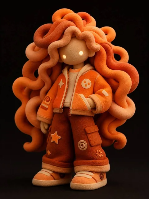 A stylized 3D character with a soft, tactile felt-like aesthetic, featuring rounded limbs, minimal face with glowing dot eyes, voluminous wavy hair made of thick tubular strands in warm orange tones, wearing a casual jacket with patches, set against a clean dark background with soft lighting.