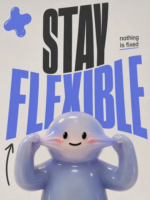 A 3D character with a soft, jelly-like body playfully stretching its own face, set against a clean studio background with bold 'STAY FLEXIBLE' typography and minimal stickers.