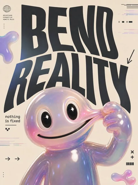 A 3D jelly-like semi-transparent character with oversized eyes and a stretched playful smile, pulling its own cheek like elastic, set against a clean soft background. Bold distorted typography reads 'BEND REALITY' with smaller line 'nothing is fixed'. Minimal sticker elements include glitch lines, a