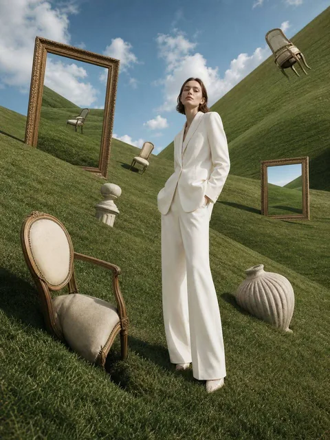A high-fashion surreal scene in an endless vivid green field with soft grass texture. A tall European woman in a structured ivory suit stands calmly while vintage chairs and sculptural objects float and sink into the ground at impossible angles. Ornate frames show shifted perspectives. Bright daylig