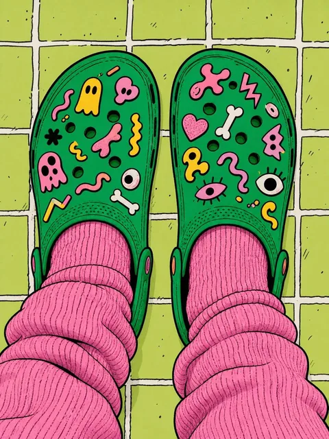 A bold flat illustration with thick black outlines, top-down view of feet in bright green clogs covered in playful abstract doodles, wearing oversized pink chunky knit socks, on a pale green tile grid background.