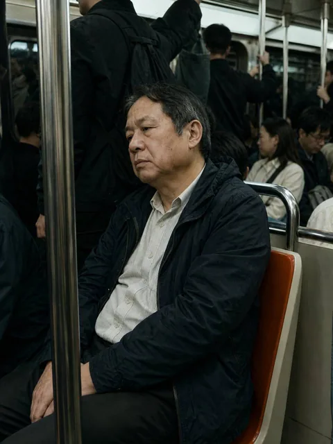 A candid handheld shot inside a crowded subway train during a regular commute, showing a middle-aged man sitting among other passengers, leaning slightly with a tired or lost-in-thought expression, wearing a simple jacket and shirt with slightly worn textures. Harsh mixed lighting with greenish fluo