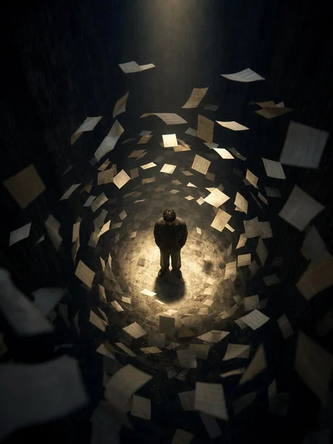A person stands alone at the center of a narrow vertical chamber, shot from a high overhead angle with a slightly tilted camera. A strong spotlight creates a cone of light and a circular pool of illumination around the subject, while dozens of loose papers orbit in layered cylindrical rings at multi