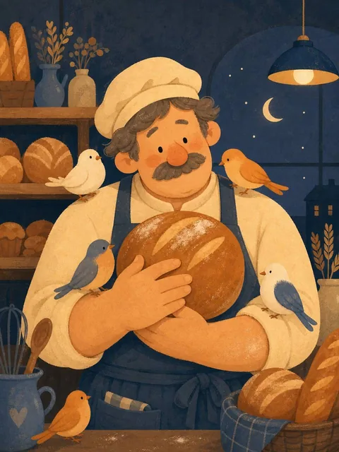 A warm whimsical illustration of a kind middle-aged baker with dot eyes and rosy cheeks holding bread while small birds perch on their arms and shoulders in a cozy bakery at night.